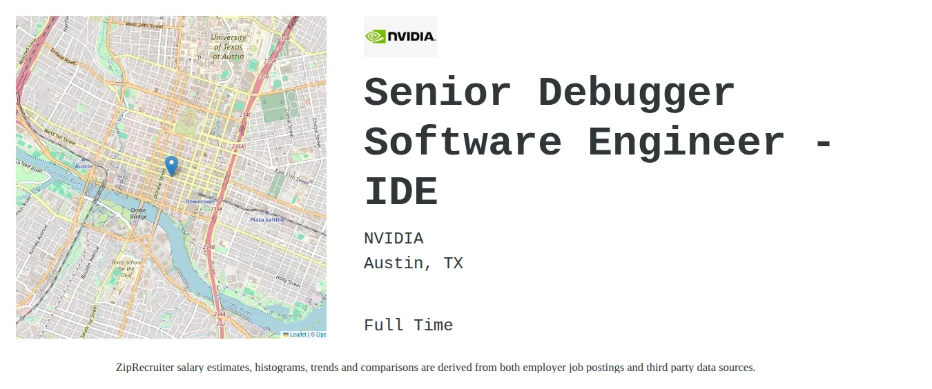 Nvidia job posting for a Senior Debugger Software Engineer - IDE in Austin, TX with a salary of $121,400 to $160,100 Annually with a map of Austin location.