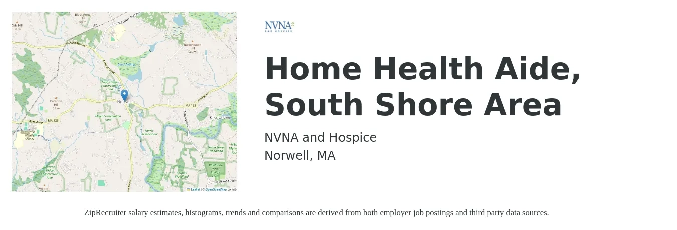NVNA and Hospice job posting for a Home Health Aide, South Shore Area in Norwell, MA with a salary of $21 to $25 Hourly with a map of Norwell location.