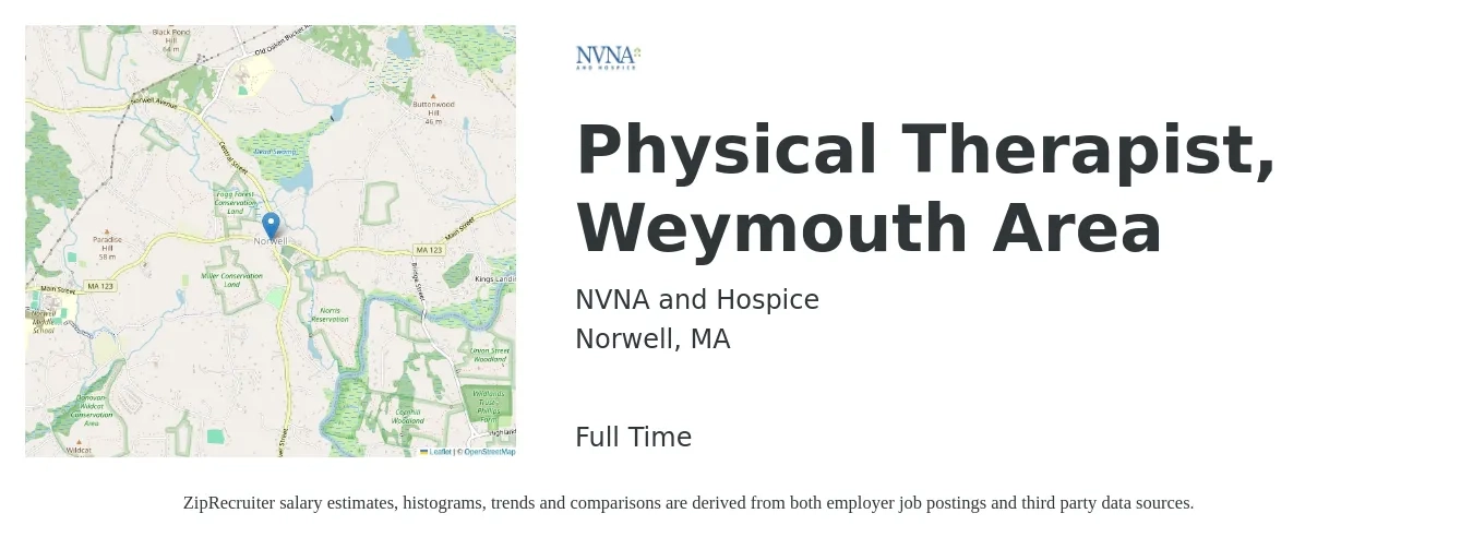 NVNA and Hospice job posting for a Physical Therapist, Weymouth Area in Norwell, MA with a salary of $1,750 to $2,270 Weekly with a map of Norwell location.