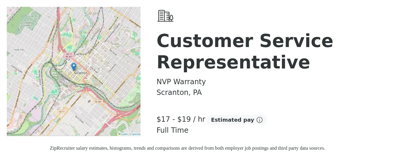 NVP Warranty job posting for a Customer Service Representative in Scranton, PA with a salary of $18 to $20 Hourly with a map of Scranton location.