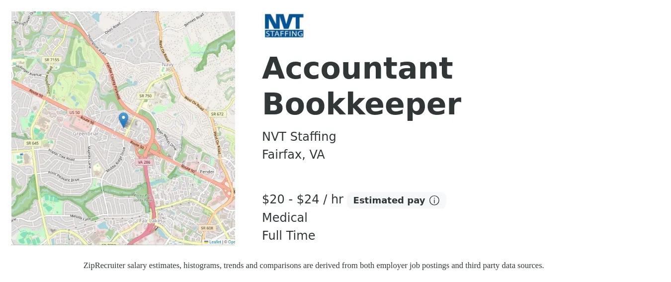 NVT Staffing job posting for a Accountant Bookkeeper in Fairfax, VA with a salary of $21 to $25 Hourly and benefits including medical with a map of Fairfax location.