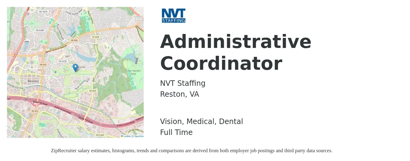 NVT Staffing job posting for a Administrative Coordinator in Reston, VA with a salary of $20 to $28 Hourly and benefits including medical, vision, and dental with a map of Reston location.