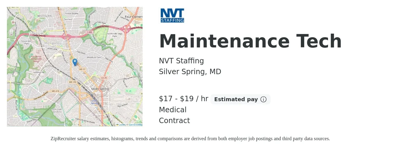 NVT Staffing job posting for a Maintenance Tech in Silver Spring, MD with a salary of $18 to $20 Hourly and benefits including medical with a map of Silver Spring location.