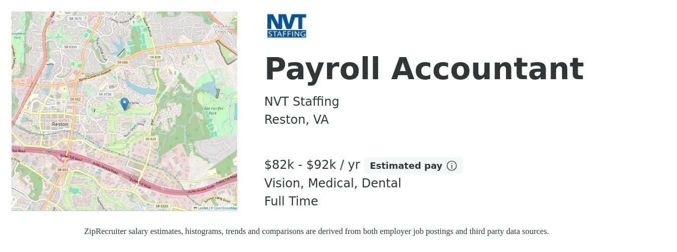 NVT Staffing job posting for a Payroll Accountant in Reston, VA with a salary of $82,000 to $92,000 Yearly and benefits including retirement, vision, dental, medical, and pto with a map of Reston location.