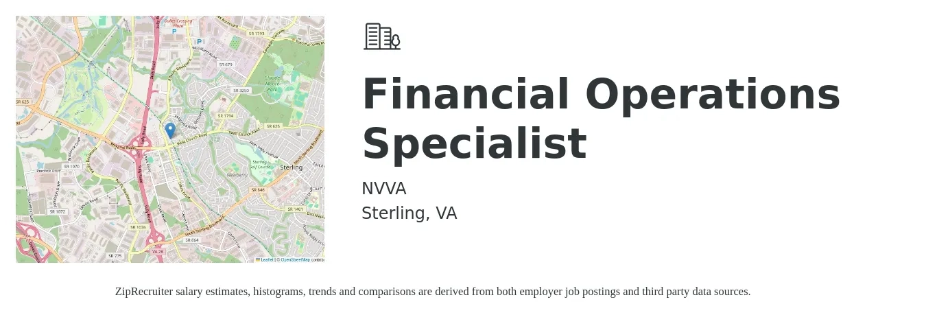 NVVA job posting for a Financial Operations Specialist in Sterling, VA with a salary of $25 to $30 Hourly with a map of Sterling location.