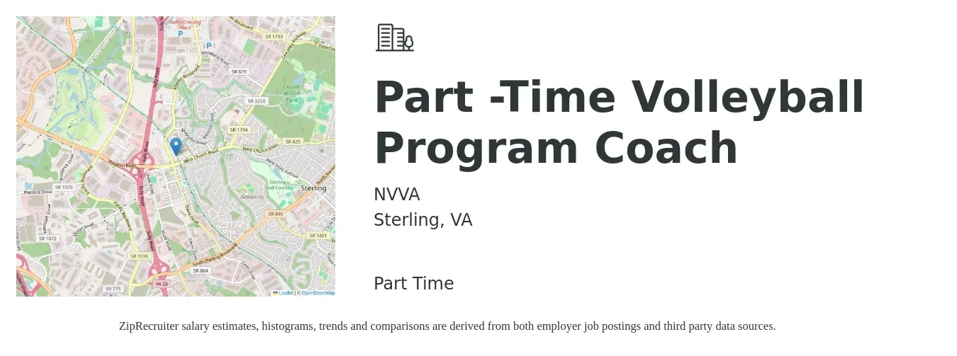 NVVA job posting for a Part -Time Volleyball Program Coach in Sterling, VA with a salary of $15 to $30 Hourly with a map of Sterling location.