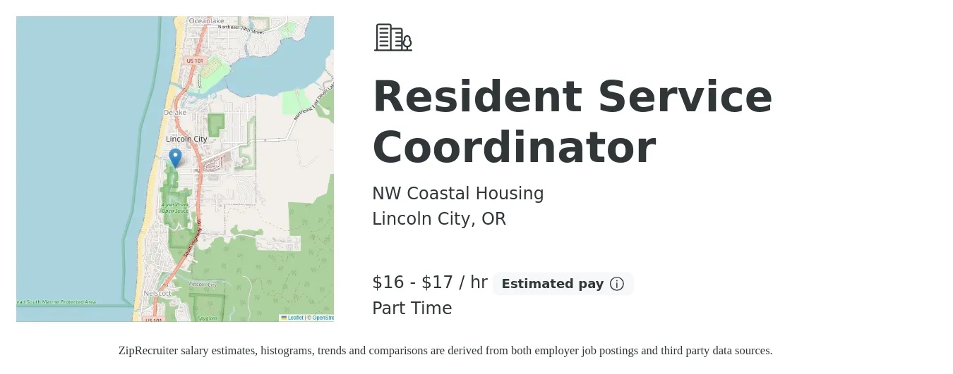 NW Coastal Housing job posting for a Resident Service Coordinator in Lincoln City, OR with a salary of $17 to $18 Hourly and benefits including pto with a map of Lincoln City location.
