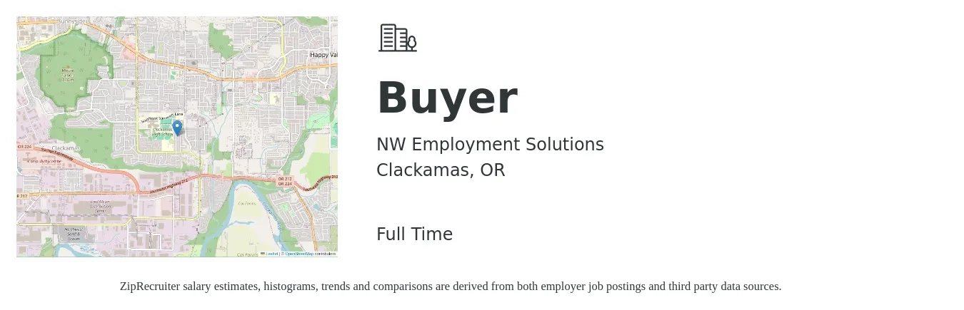 NW Employment Solutions job posting for a Buyer in Clackamas, OR with a salary of $58,100 to $83,400 Yearly with a map of Clackamas location.