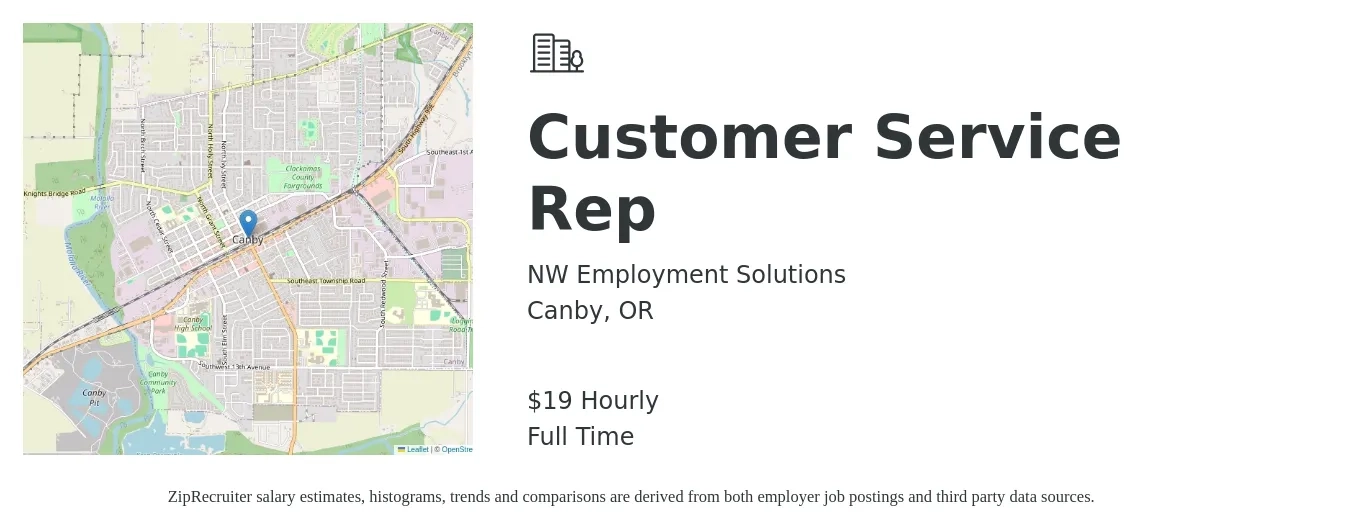 NW Employment Solutions job posting for a Customer Service Rep in Canby, OR with a salary of $20 Hourly with a map of Canby location.