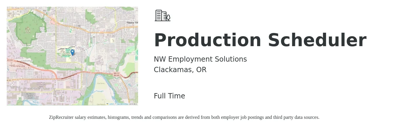 NW Employment Solutions job posting for a Production Scheduler in Clackamas, OR with a salary of $25 to $37 Hourly with a map of Clackamas location.