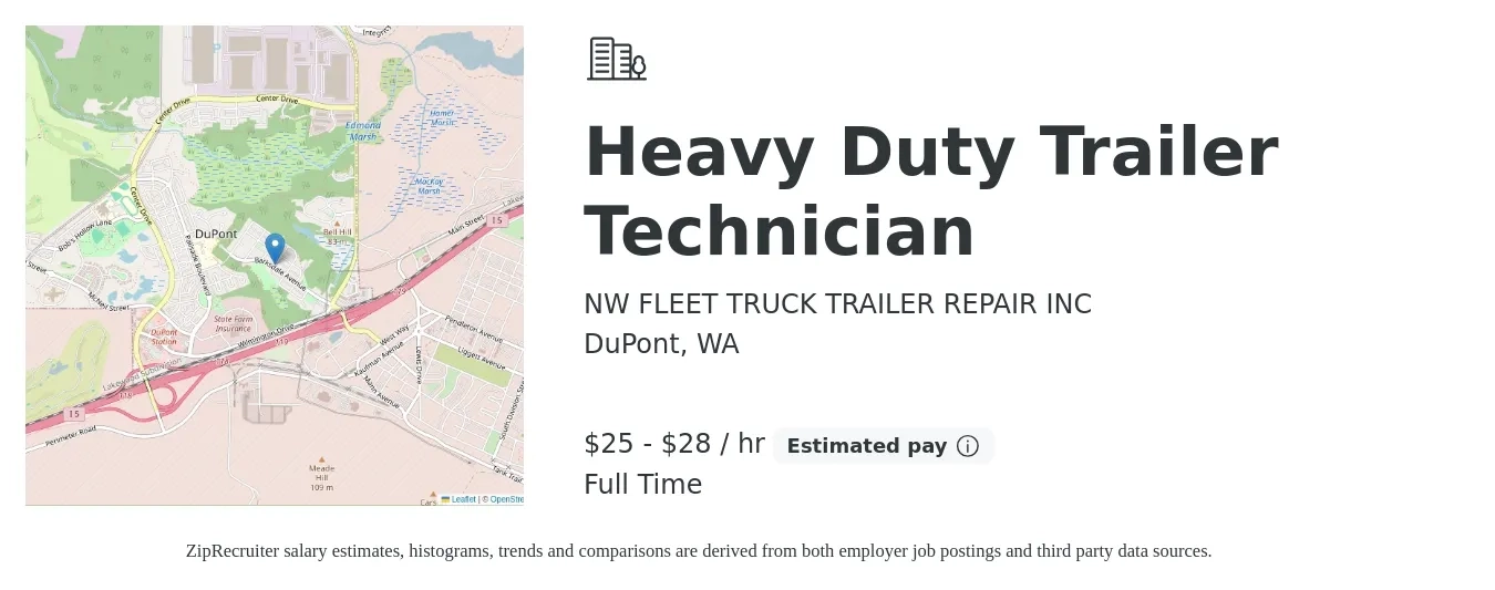 NW FLEET TRUCK TRAILER REPAIR INC job posting for a Heavy Duty Trailer Technician in DuPont, WA with a salary of $26 to $30 Hourly with a map of DuPont location.