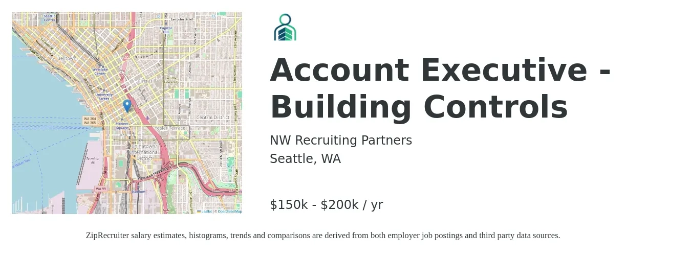 NW Recruiting Partners job posting for a Account Executive - Building Controls in Seattle, WA with a salary of $150,000 to $200,000 Yearly with a map of Seattle location.