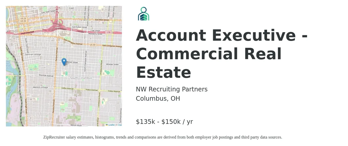 NW Recruiting Partners job posting for a Account Executive - Commercial Real Estate in Columbus, OH with a salary of $135,000 to $150,000 Yearly with a map of Columbus location.