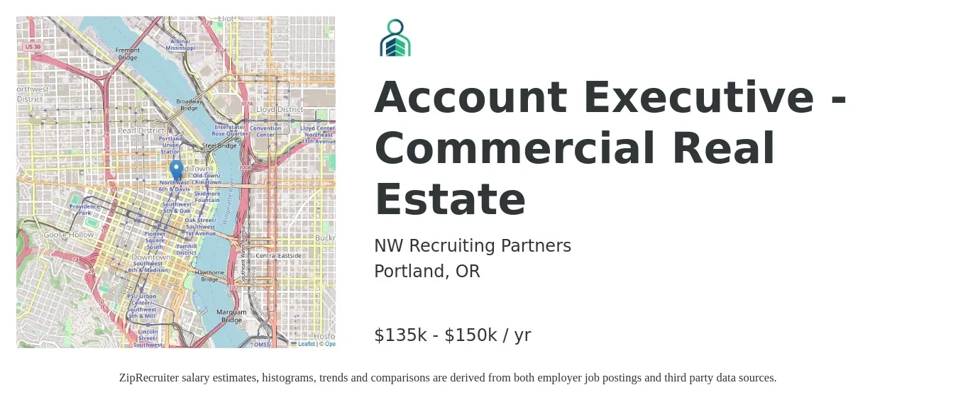 NW Recruiting Partners job posting for a Account Executive - Commercial Real Estate in Portland, OR with a salary of $135,000 to $150,000 Yearly with a map of Portland location.