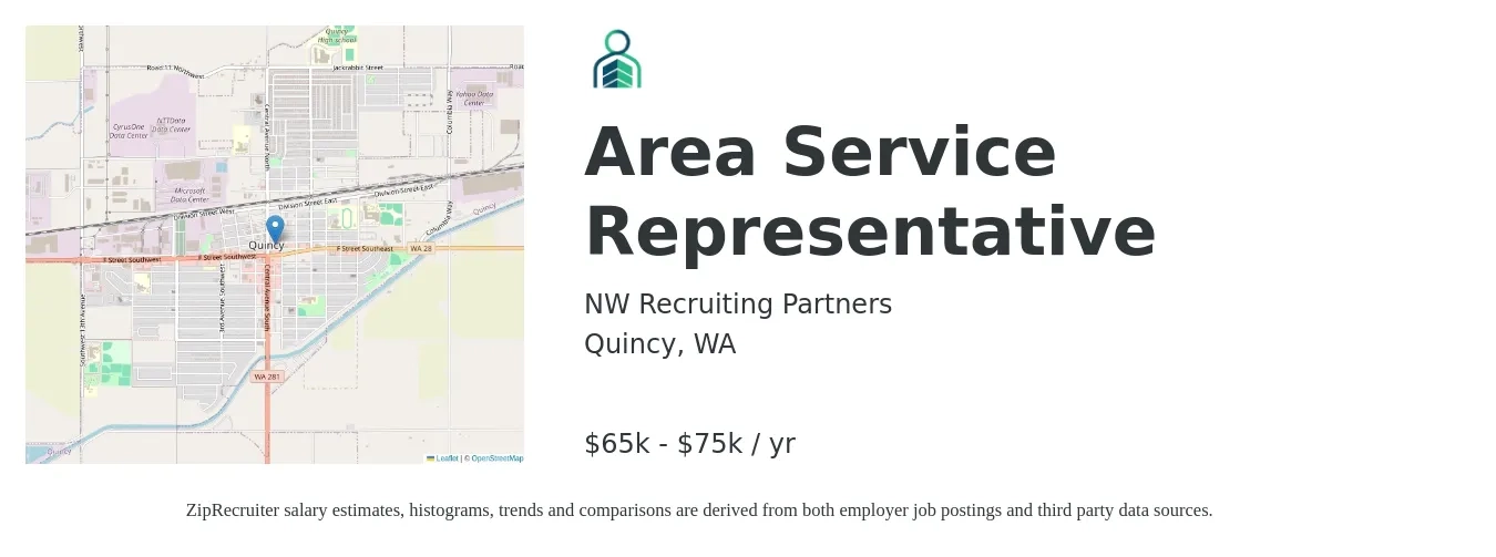 NW Recruiting Partners job posting for a Area Service Representative in Quincy, WA with a salary of $65,000 to $75,000 Yearly with a map of Quincy location.
