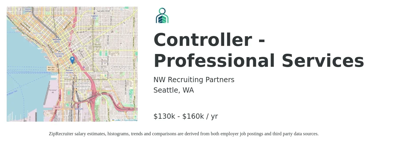 NW Recruiting Partners job posting for a Controller - Professional Services in Seattle, WA with a salary of $130,000 to $160,000 Yearly with a map of Seattle location.