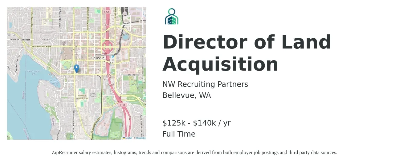 NW Recruiting Partners job posting for a Director of Land Acquisition in Bellevue, WA with a salary of $125,000 to $140,000 Yearly with a map of Bellevue location.