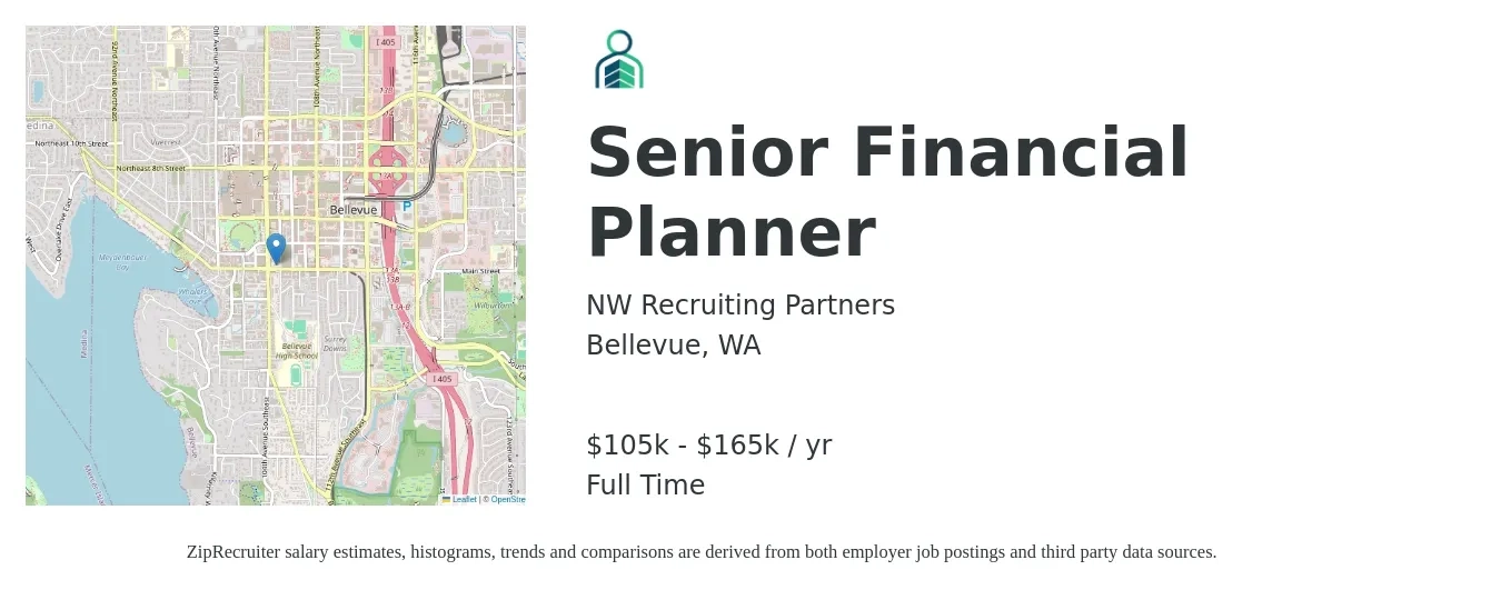 NW Recruiting Partners job posting for a Senior Financial Planner in Bellevue, WA with a salary of $105,000 to $165,000 Yearly with a map of Bellevue location.