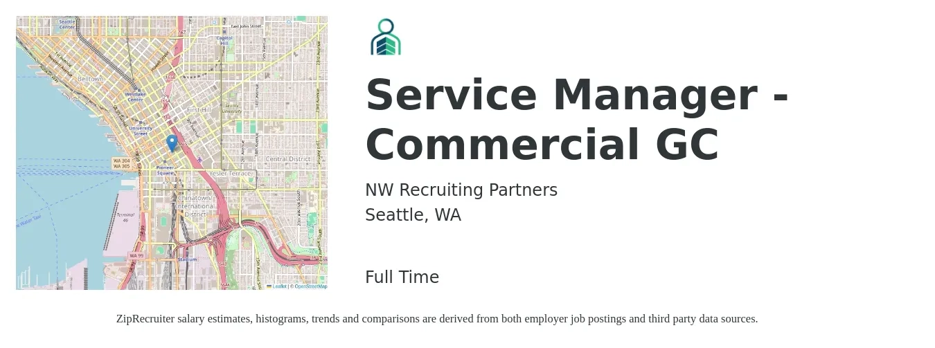 NW Recruiting Partners job posting for a Service Manager - Commercial GC in Seattle, WA with a salary of $59,200 to $91,600 Yearly with a map of Seattle location.