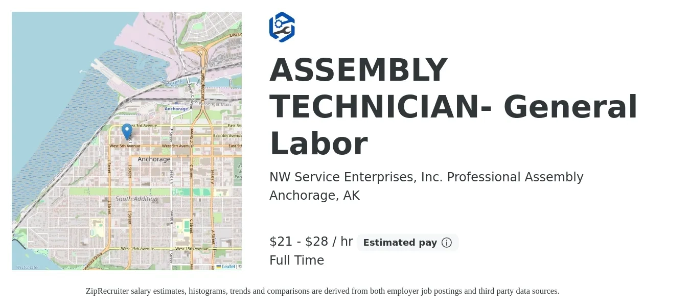 NW Service Enterprises, Inc. Professional Assembly job posting for a ASSEMBLY TECHNICIAN- General Labor in Anchorage, AK with a salary of $18 to $30 Hourly with a map of Anchorage location.