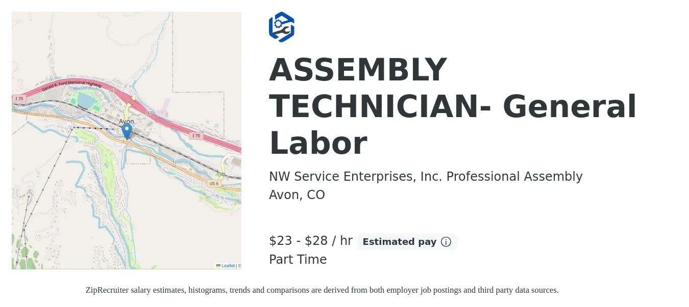 NW Service Enterprises, Inc. Professional Assembly job posting for a ASSEMBLY TECHNICIAN- General Labor in Avon, CO with a salary of $24 to $30 Hourly with a map of Avon location.
