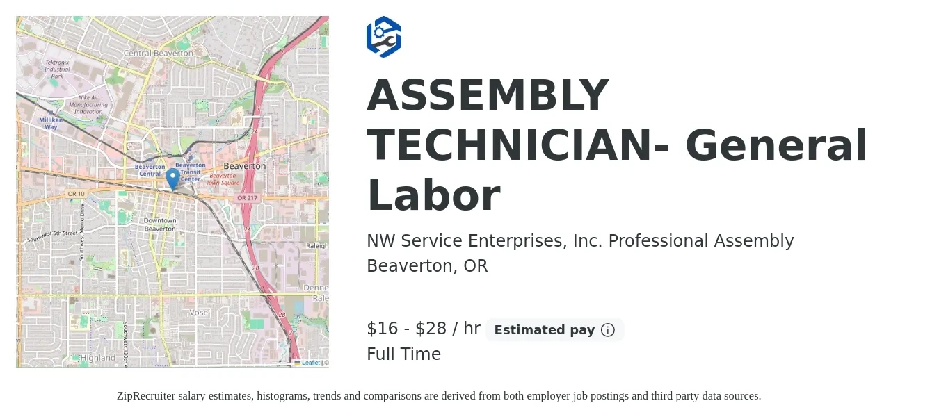 NW Service Enterprises, Inc. Professional Assembly job posting for a ASSEMBLY TECHNICIAN- General Labor in Beaverton, OR with a salary of $17 to $30 Hourly with a map of Beaverton location.