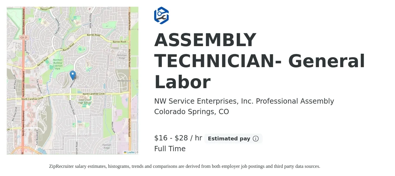NW Service Enterprises, Inc. Professional Assembly job posting for a ASSEMBLY TECHNICIAN- General Labor in Colorado Springs, CO with a salary of $17 to $30 Hourly with a map of Colorado Springs location.