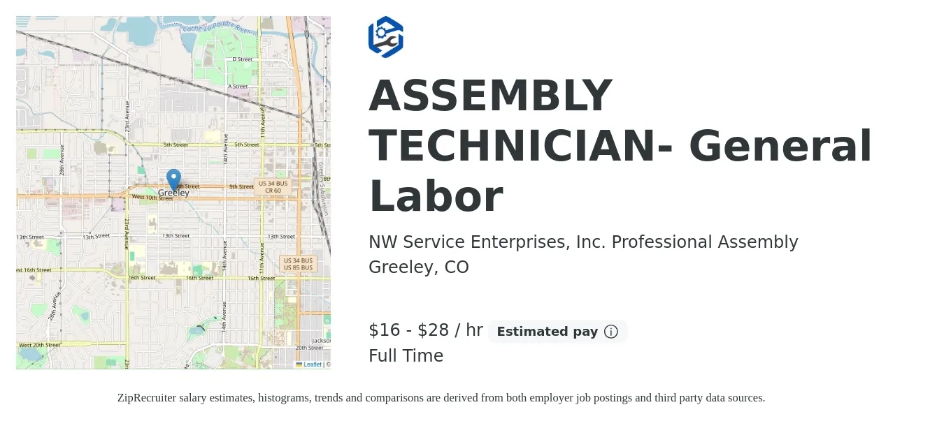NW Service Enterprises, Inc. Professional Assembly job posting for a ASSEMBLY TECHNICIAN- General Labor in Greeley, CO with a salary of $17 to $30 Hourly with a map of Greeley location.