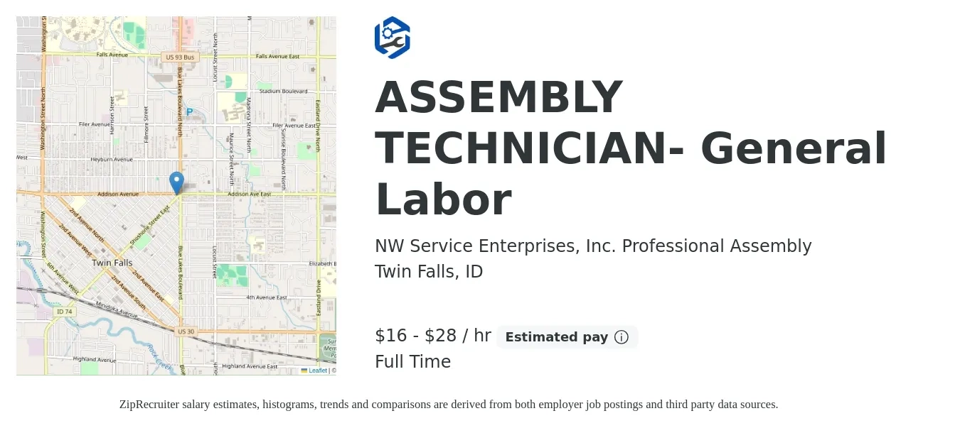 NW Service Enterprises, Inc. Professional Assembly job posting for a ASSEMBLY TECHNICIAN- General Labor in Twin Falls, ID with a salary of $17 to $30 Hourly with a map of Twin Falls location.
