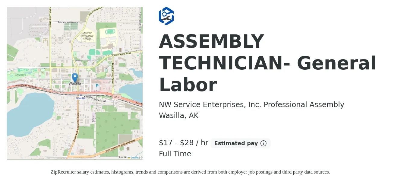 NW Service Enterprises, Inc. Professional Assembly job posting for a ASSEMBLY TECHNICIAN- General Labor in Wasilla, AK with a salary of $18 to $30 Hourly with a map of Wasilla location.