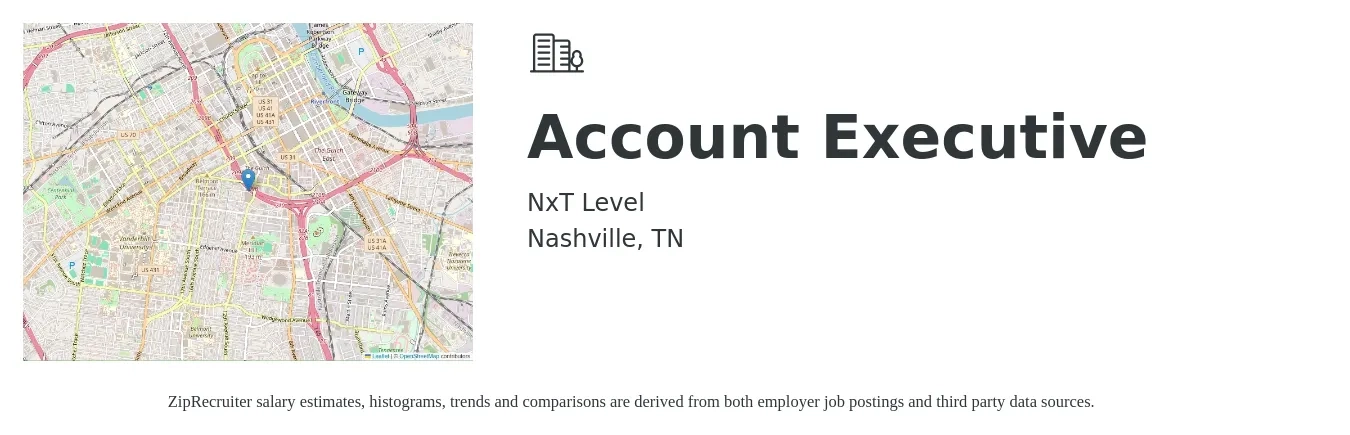 NxT Level job posting for a Account Executive in Nashville, TN with a salary of $52,200 to $91,800 Yearly with a map of Nashville location.