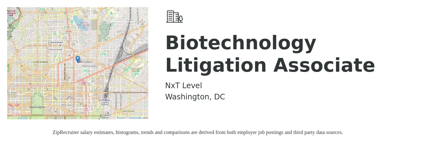 NxT Level job posting for a Biotechnology Litigation Associate in Washington, DC with a salary of $115,000 to $182,400 Yearly with a map of Washington location.