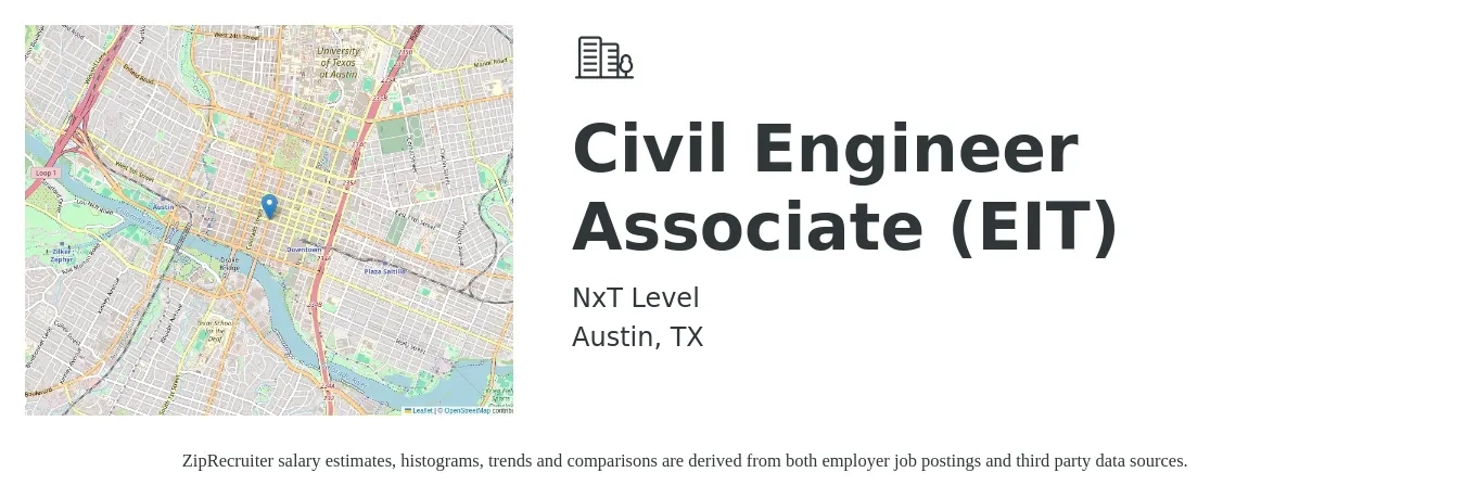 NxT Level job posting for a Civil Engineer Associate (EIT) in Austin, TX with a salary of $73,600 to $116,000 Yearly with a map of Austin location.