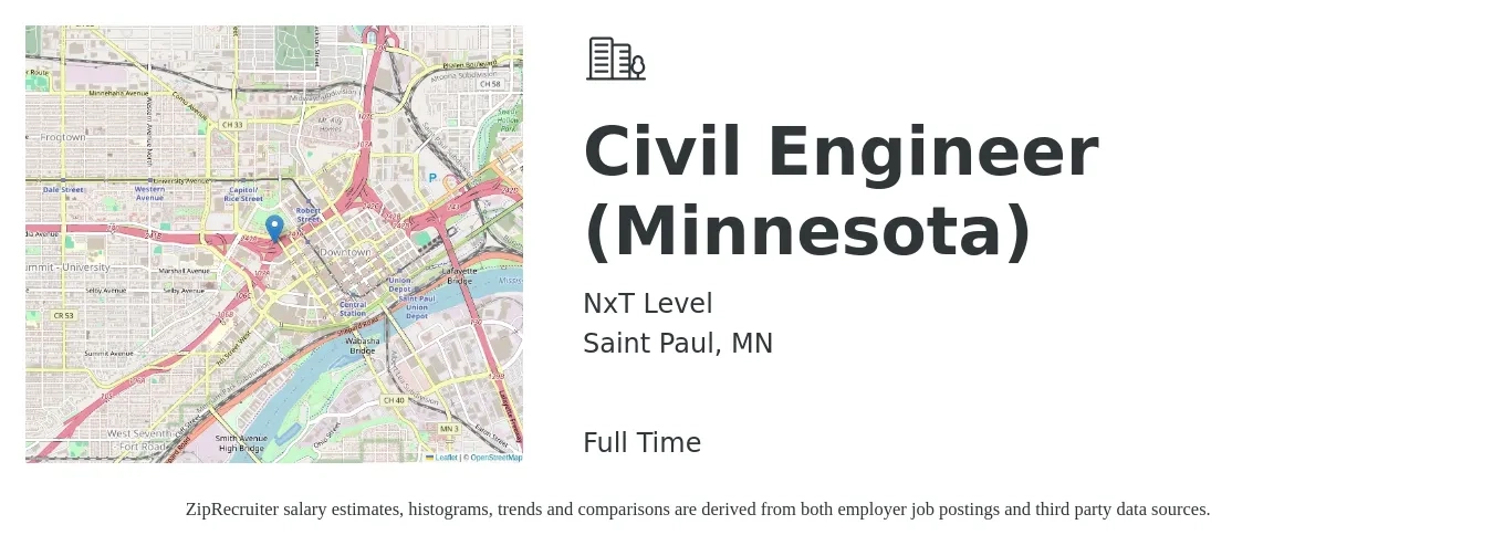 NxT Level job posting for a Civil Engineer (Minnesota) in Saint Paul, MN with a salary of $68,800 to $100,400 Yearly with a map of Saint Paul location.