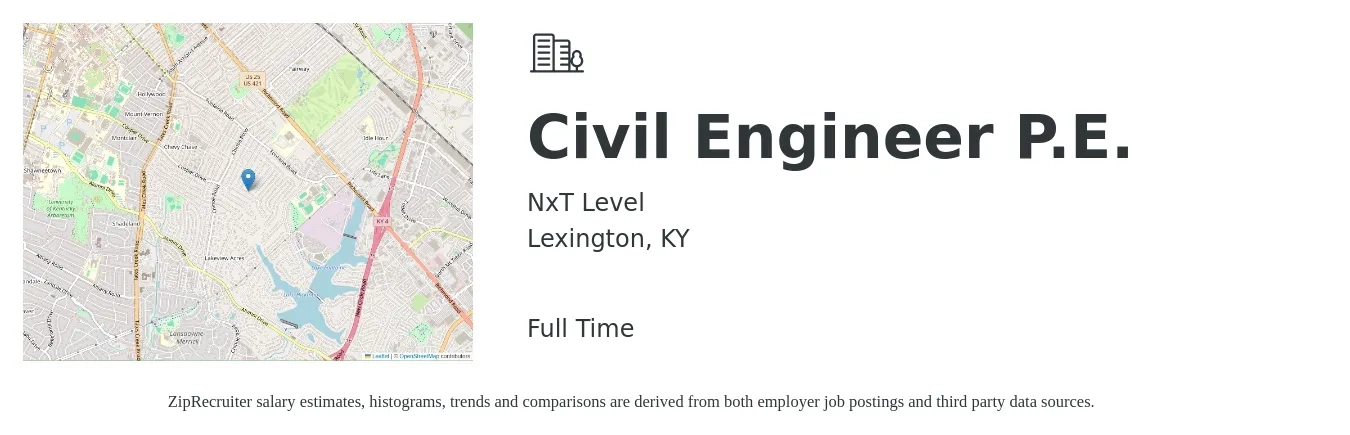 NxT Level job posting for a Civil Engineer P.E. in Lexington, KY with a salary of $66,500 to $97,100 Yearly with a map of Lexington location.