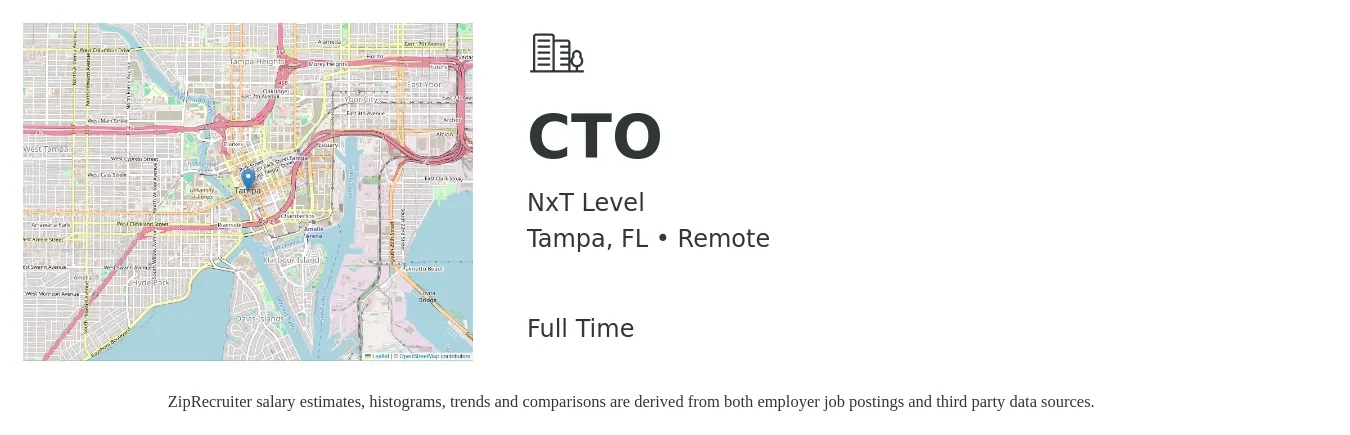 NxT Level job posting for a CTO in Tampa, FL with a salary of $124,700 to $184,300 Yearly with a map of Tampa location.