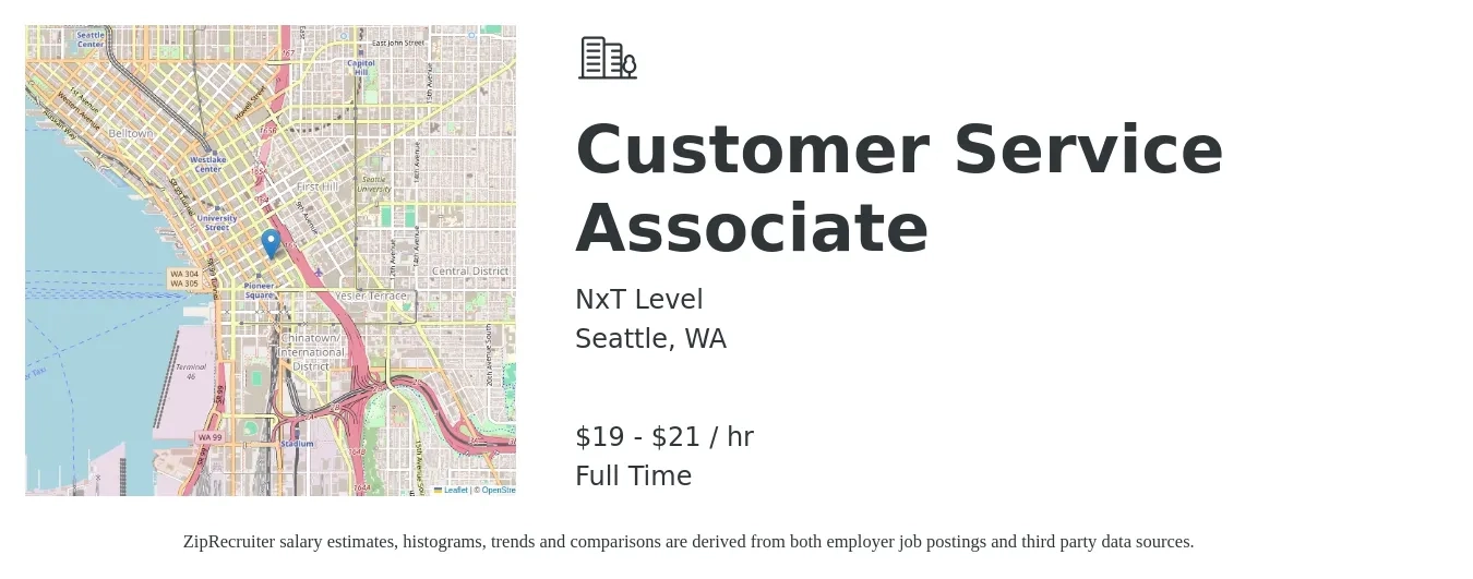NxT Level job posting for a Customer Service Associate in Seattle, WA with a salary of $20 to $22 Hourly with a map of Seattle location.