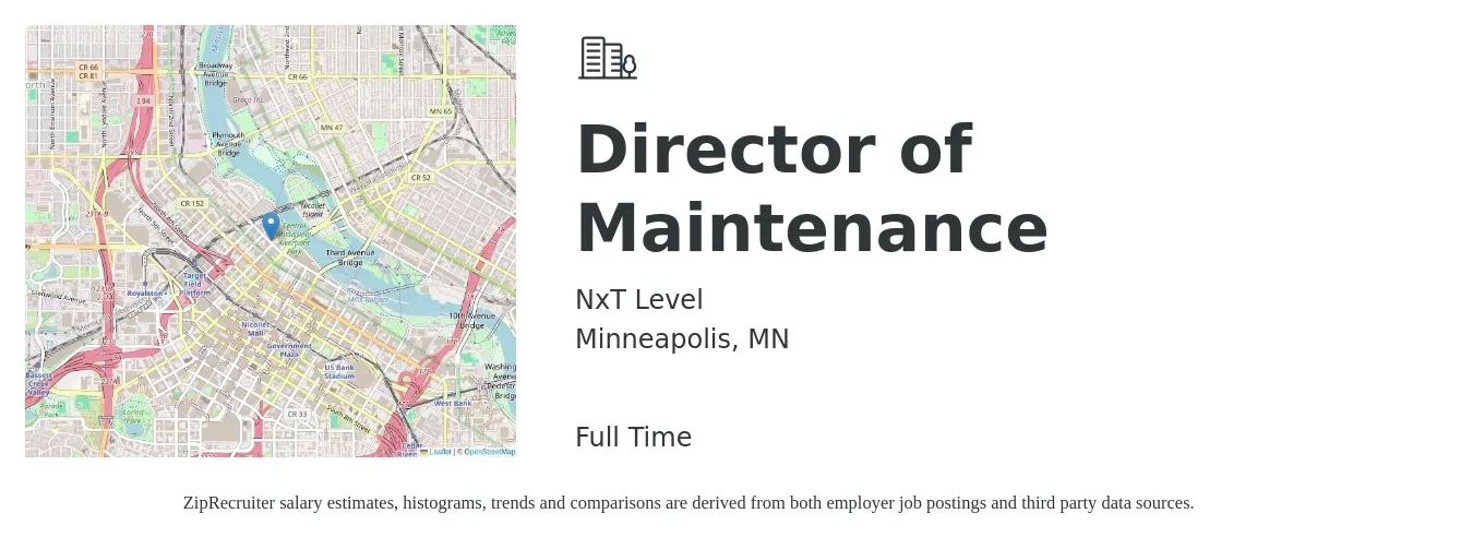 NxT Level job posting for a Director of Maintenance in Minneapolis, MN with a salary of $54,800 to $91,300 Yearly with a map of Minneapolis location.