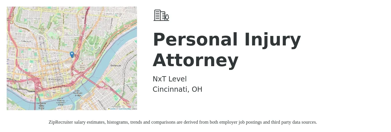 NxT Level job posting for a Personal Injury Attorney in Cincinnati, OH with a salary of $85,800 to $133,300 Yearly with a map of Cincinnati location.