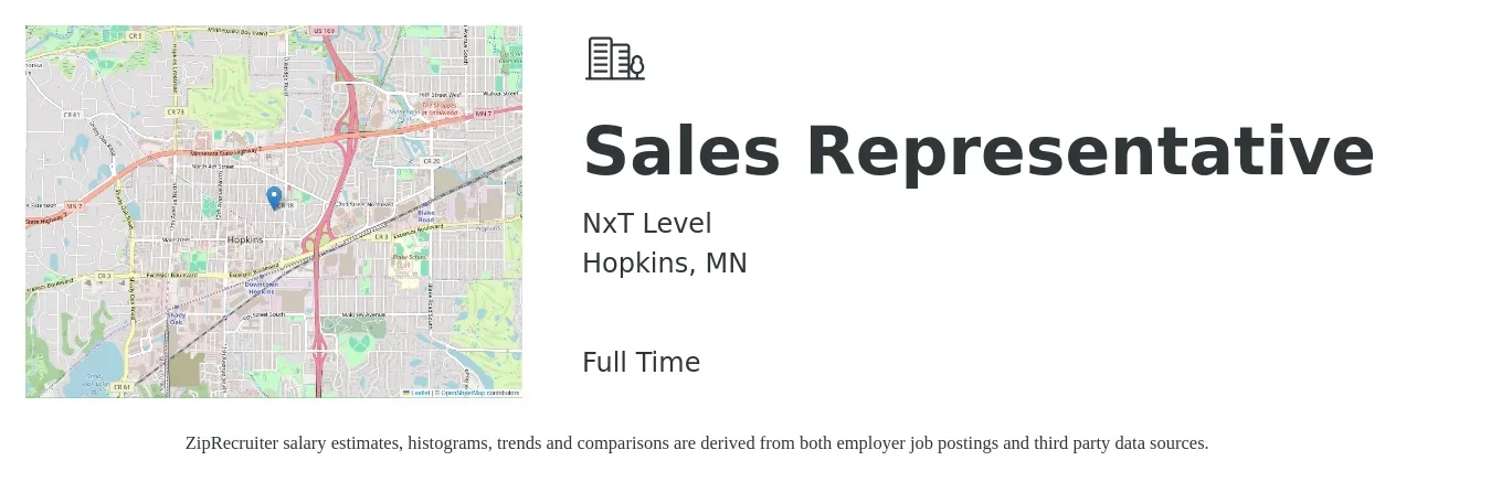 NxT Level job posting for a Sales Representative in Hopkins, MN with a salary of $54,500 to $94,700 Yearly with a map of Hopkins location.
