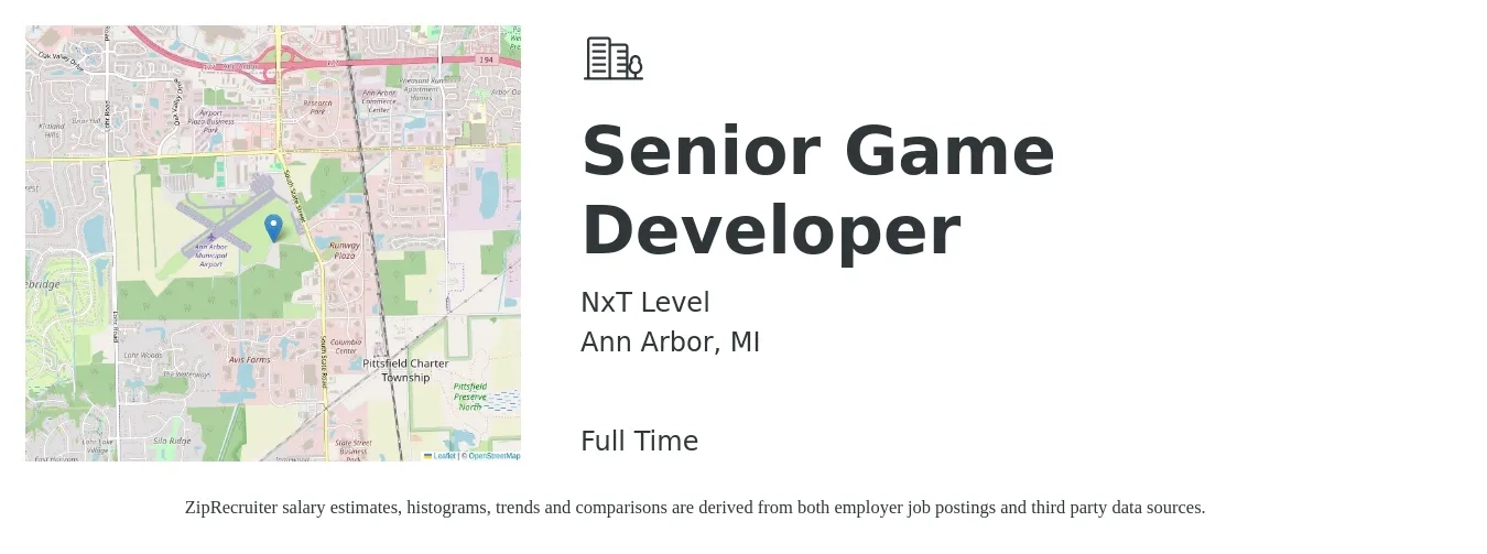 NxT Level job posting for a Senior Game Developer in Ann Arbor, MI with a salary of $128,600 to $172,200 Yearly with a map of Ann Arbor location.