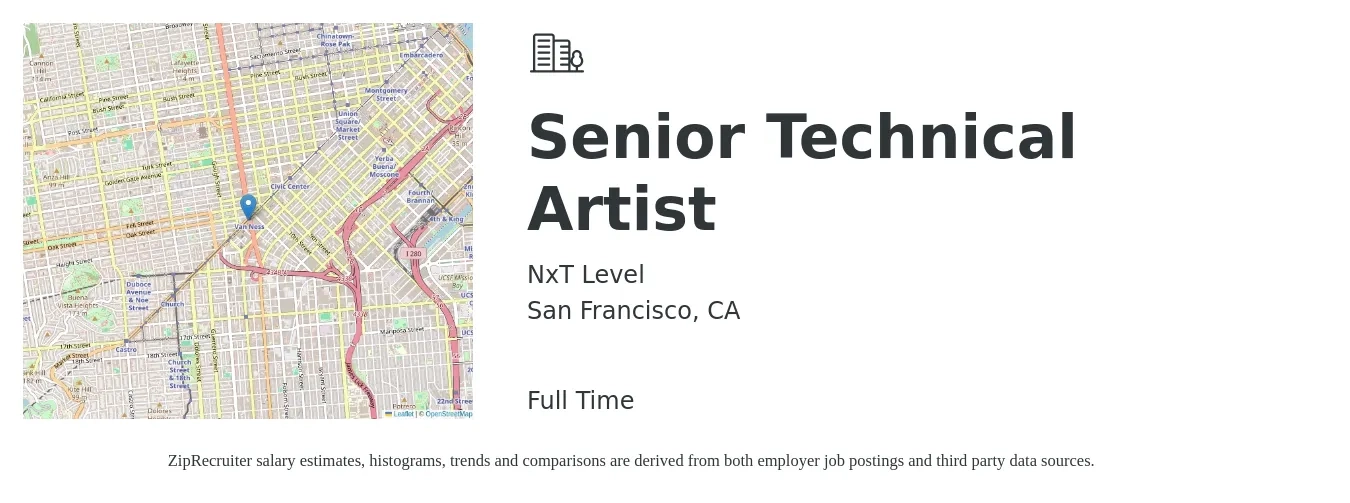 NxT Level job posting for a Senior Technical Artist in San Francisco, CA with a salary of $149,600 to $179,100 Yearly with a map of San Francisco location.