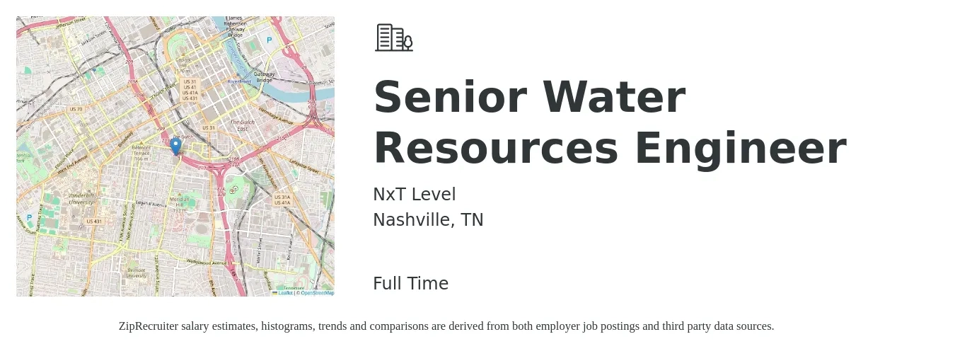 NxT Level job posting for a Senior Water Resources Engineer in Nashville, TN with a salary of $92,200 to $132,300 Yearly with a map of Nashville location.
