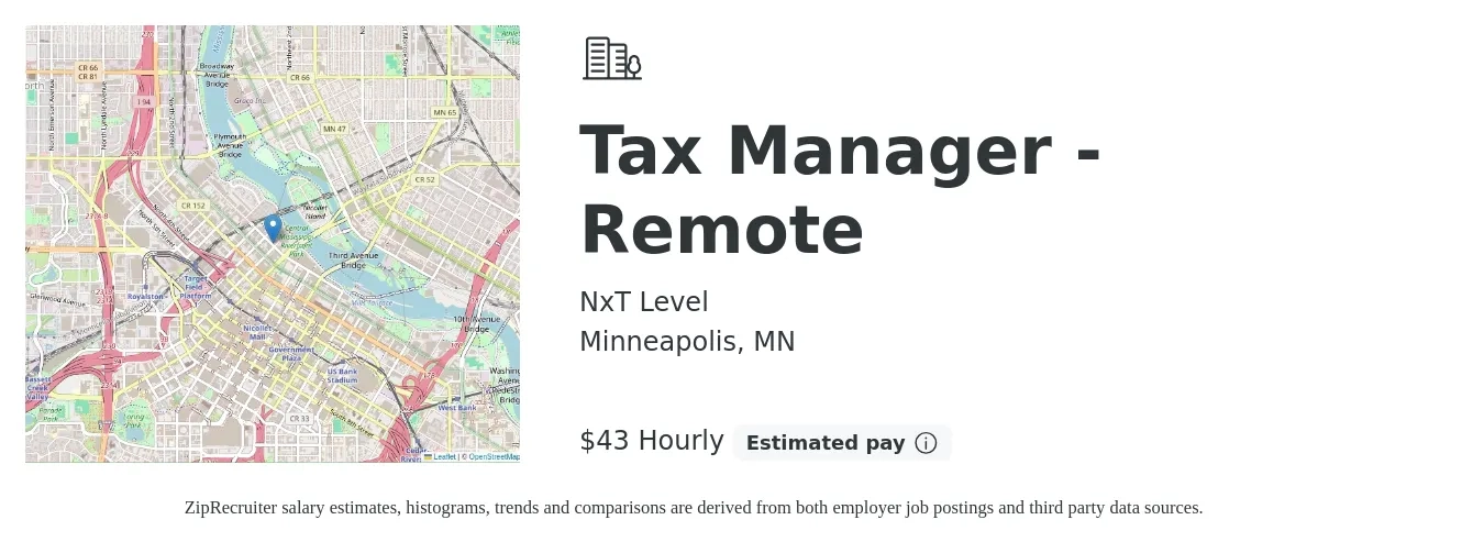 NxT Level job posting for a Tax Manager - Remote in Minneapolis, MN with a salary of $45 Hourly with a map of Minneapolis location.
