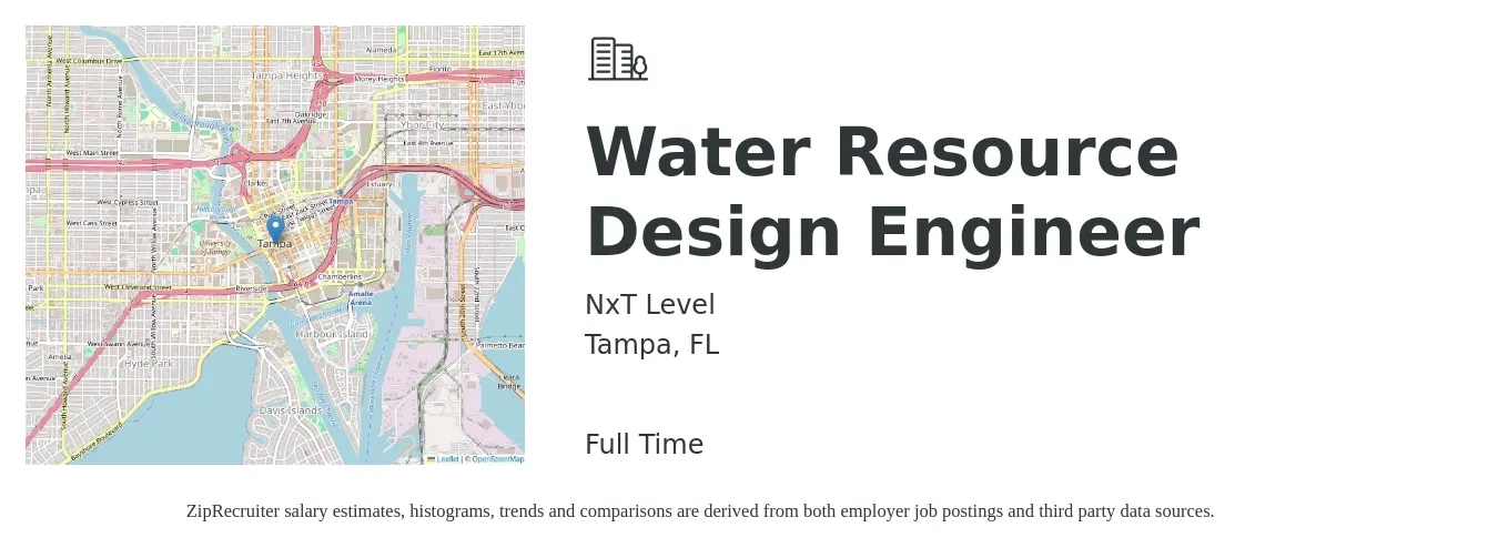 NxT Level job posting for a Water Resource Design Engineer in Tampa, FL with a salary of $74,700 to $102,100 Yearly with a map of Tampa location.