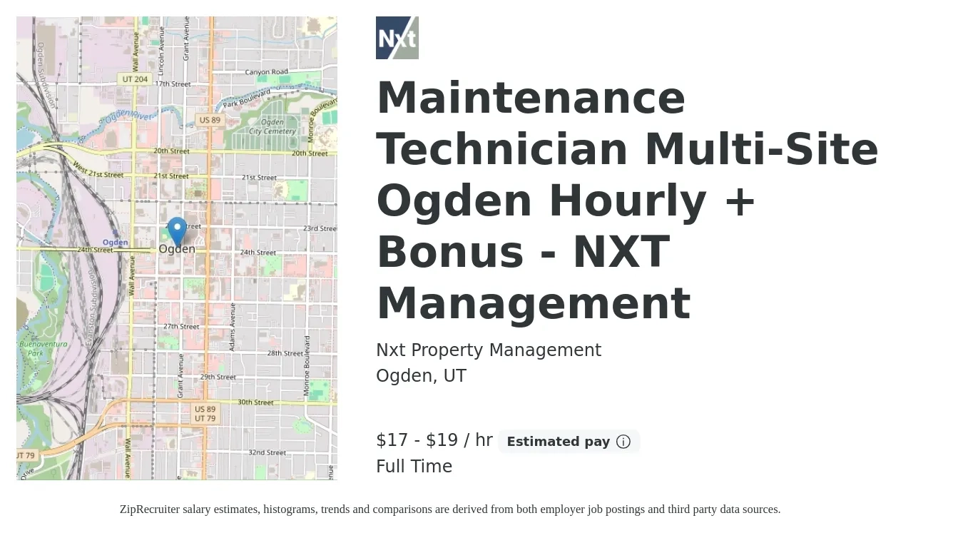 Nxt Property Management job posting for a Maintenance Technician Multi-Site Ogden Hourly + Bonus - NXT Management in Ogden, UT with a salary of $18 to $20 Hourly with a map of Ogden location.