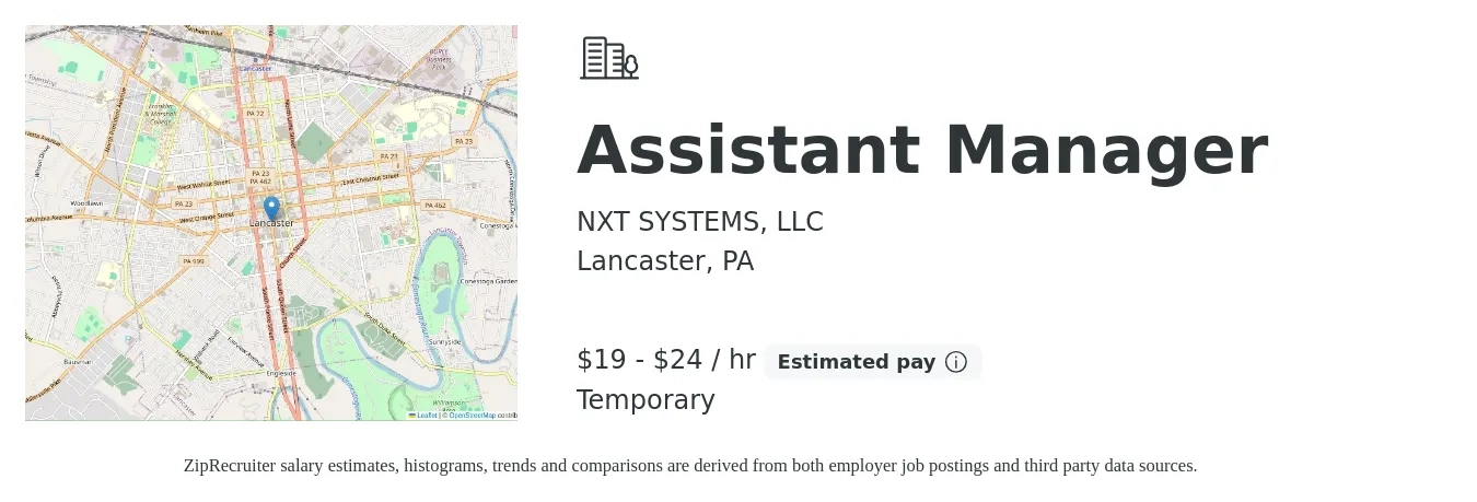 NXT SYSTEMS, LLC job posting for a Assistant Manager in Lancaster, PA with a salary of $20 to $25 Hourly with a map of Lancaster location.