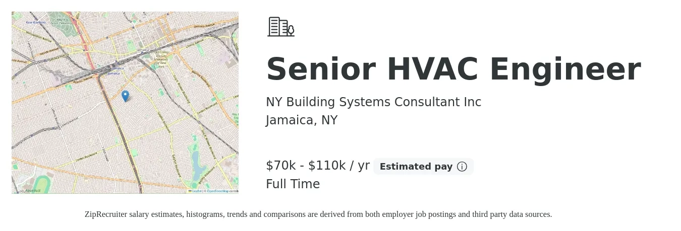 NY Building Systems Consultant Inc job posting for a Senior HVAC Engineer in Jamaica, NY with a salary of $70,000 to $110,000 Yearly with a map of Jamaica location.