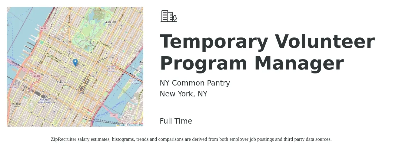 NY Common Pantry job posting for a Temporary Volunteer Program Manager in New York, NY with a salary of $47,300 to $67,100 Yearly with a map of New York location.