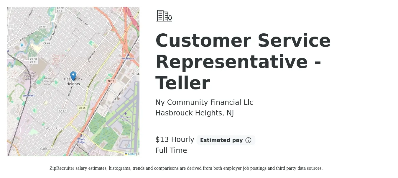 Ny Community Financial Llc job posting for a Customer Service Representative - Teller in Hasbrouck Heights, NJ with a salary of $14 Hourly with a map of Hasbrouck Heights location.